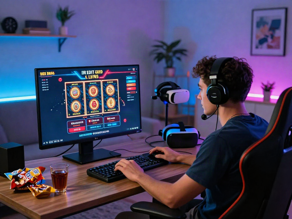 UK player enjoying new credit card casinos in a vibrant gaming setup, showcasing immersive online gambling experience.