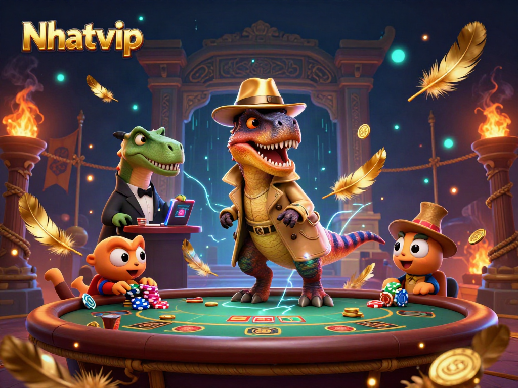 Nhatvip velociraptor card counter playing blackjack, with a stegosaurus pit boss, amidst gold coins and vibrant casino elements.