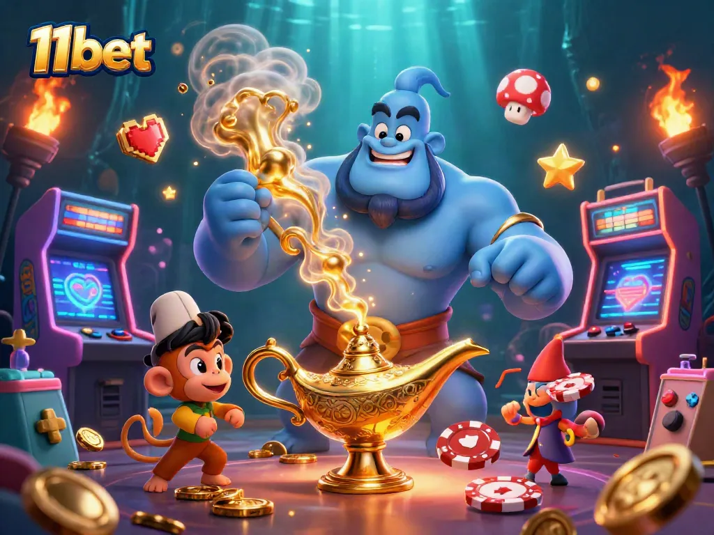 Experience the thrilling world of 11bet with a dynamic illustration of a genie and poker chips.
