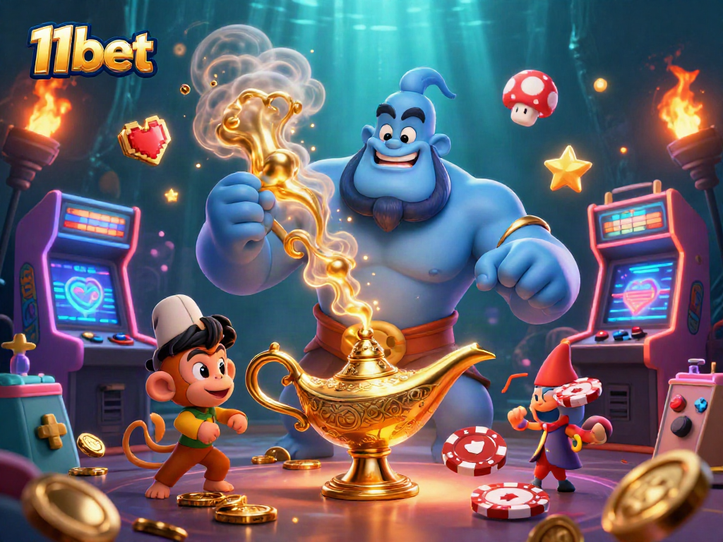Experience the thrilling world of 11bet with a dynamic illustration of a genie and poker chips.