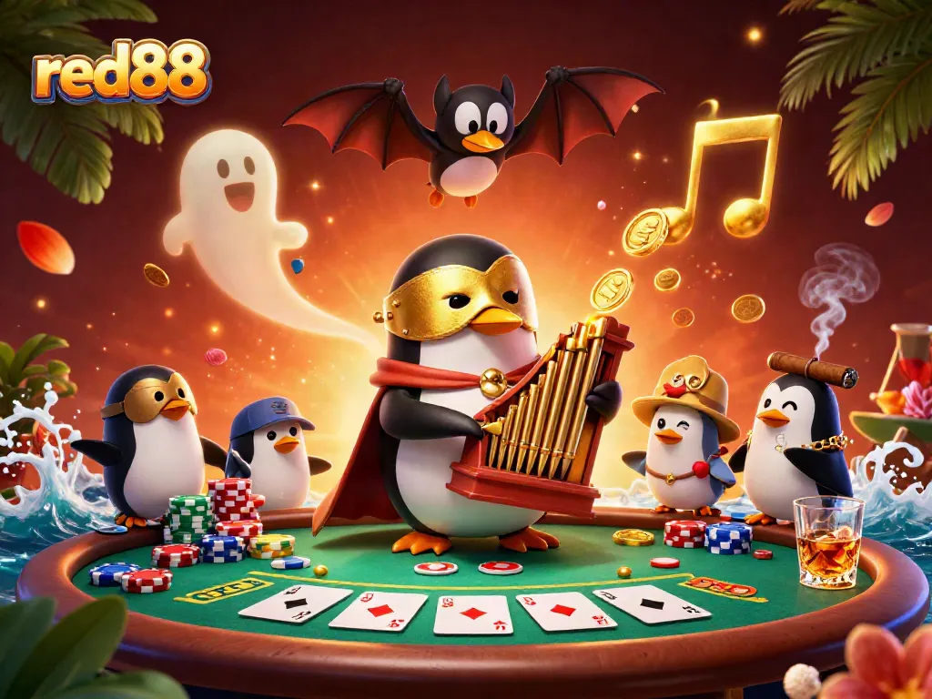 Experience red88 excitement with a cartoon penguin playing an organ surrounded by poker wins.