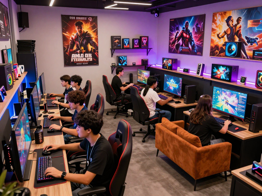Exciting rokok88 game store scene showcasing diverse gamers engaging with products and staff