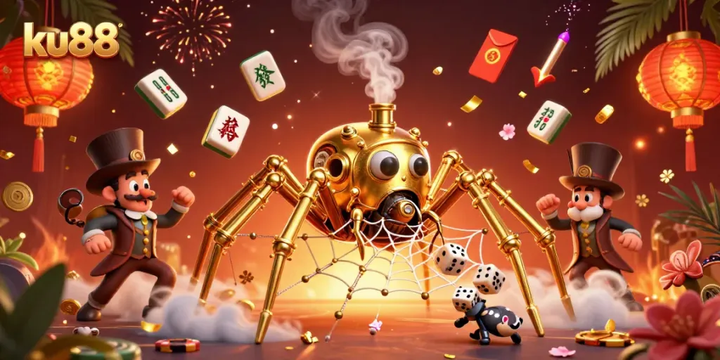 Engage in thrilling gameplay at ku88 with a vibrant casino scene featuring iconic games and characters.