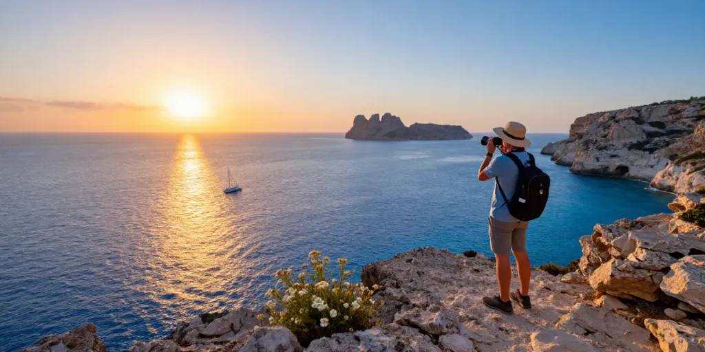Traveler enjoying Gozo tours at a stunning coastal viewpoint with sunset reflections.