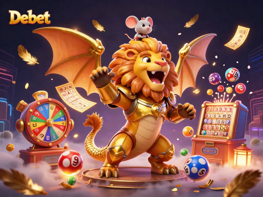 Join the gaming action at Debet with a triumphant chimera and vibrant lottery elements.