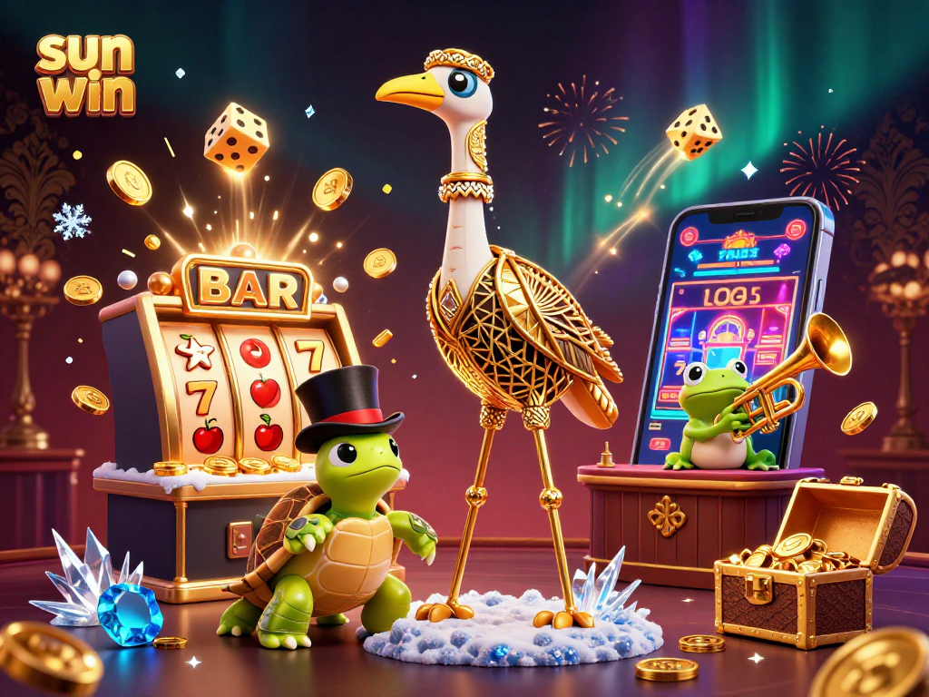 Engage with sun win's immersive casinos featuring a lively scene with slot machines, colorful characters, and dazzling rewards.