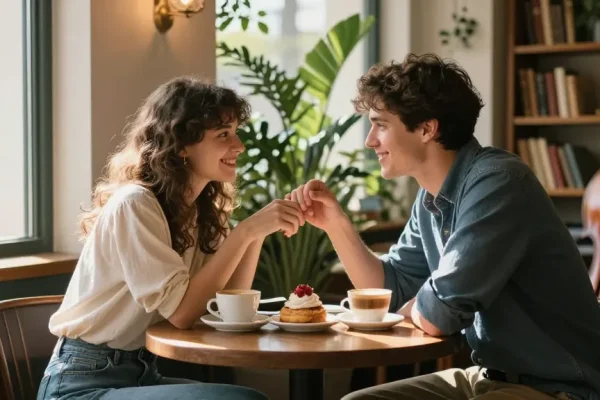 Couple enjoying coffee in a cozy café showcasing the feeling of having a crush on someone.